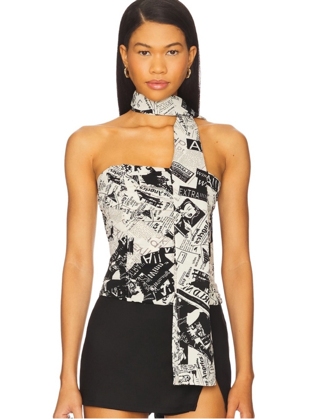 Lioness Black & White Newspaper-Print Strapless Dress with Neck Tie